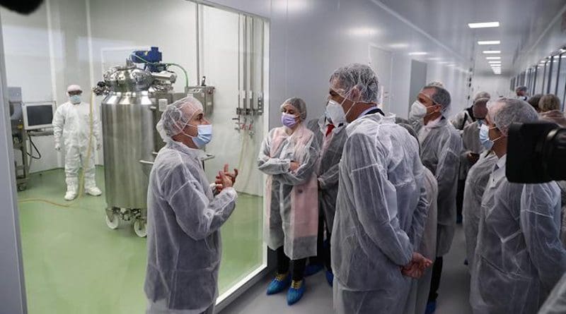 Spain's Prime Minister Pedro Sanchez visits the installation of the pharmaceutical company HIPRA in Amer (Girona). Photo Credit: Pool Moncloa/Fernando Calvo