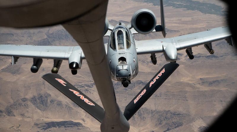 An A-10 Thunderbolt II approaches a KC-135 Stratotanker to refuel over Afghanistan, July 9, 2020. Photo Credit: Air Force Airman 1st Class Duncan C. Bevan