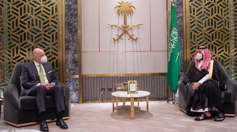 Greek Foreign Minister Nikos Dendias (L) meets with Saudi Arabia’s Crown Prince Mohammed bin Salman in Riyadh. (Greek Ministry of Foreign Affairs)