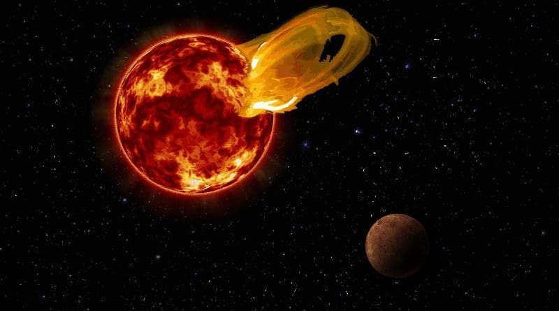 An artist's impression of a flare from Proxima Centauri, modeled after the loops of glowing hot gas seen in the largest solar flares. An artist's impression of the exoplanet Proxima b is shown in the foreground. CREDIT Credit: Roberto Molar Candanosa / Carnegie Institution for Science, NASA/SDO, NASA/JPL.