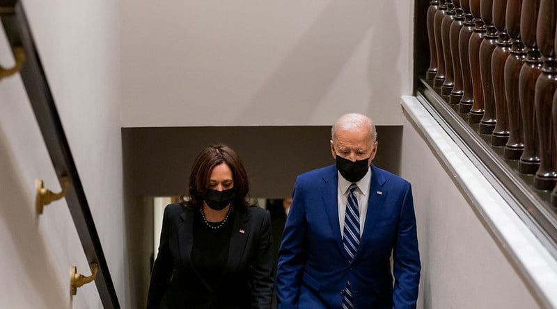 President Joe Biden and Vice President Kamala Harris walk up the stairs in the West Wing of the White House. Official White House Photo by Cameron Smith