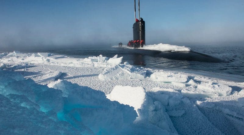 The submarine USS Hartford surfaces near Ice Camp Sargo during Ice Exercise 2016 in the Arctic Circle. Photo Credit: Navy Petty Officer 2nd Class Tyler Thompson
