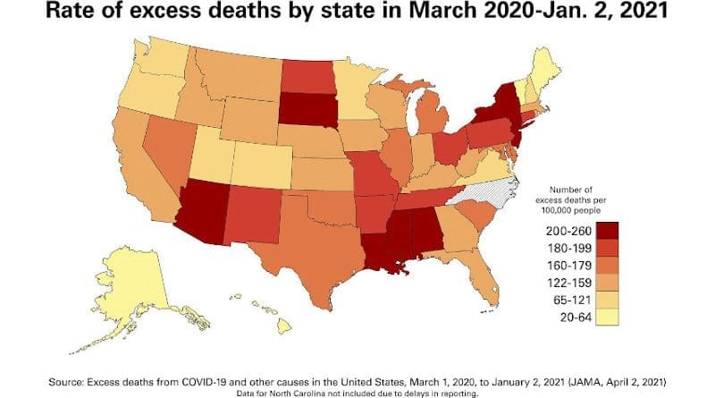 A map of the United States showing the rate of excess deaths. The Dakotas, New England, the South and Southwest had some of the highest excess deaths per 100,000 people during the final 10 months of 2020. CREDIT Virginia Commonwealth University