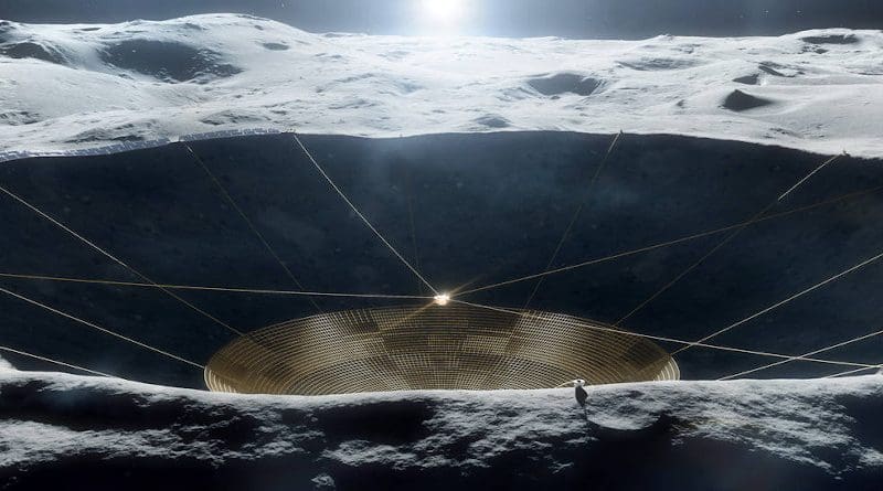 Illustration of a conceptual radio telescope within a crater on the Moon. The early-stage concept is being studied under grant funding from the NASA Innovative Advanced Concepts program but is not a NASA mission. Credits: Vladimir Vustyansky