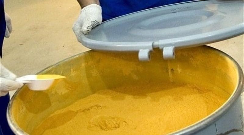 Yellowcake (also called urania) is a type of uranium concentrate powder. Photo Credit: Tasnim News Agency