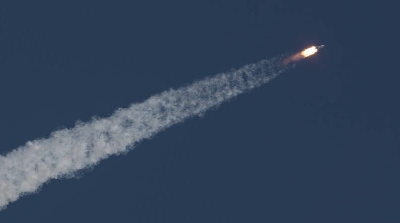 The Soyuz MS-18 rocket is launched with Expedition 65 NASA astronaut Mark Vande Hei, Roscosmos cosmonauts Pyotr Dubrov and Oleg Novitskiy, Friday, April 9, 2021, at the Baikonur Cosmodrome in Kazakhstan. Credits: NASA/Bill Ingalls