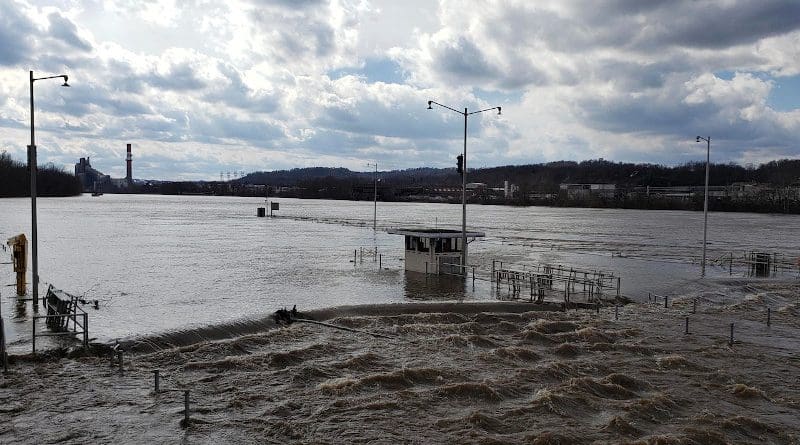 Flood waters force closure of the Locks and Dams 3 on the Monongahela River in Elizabeth, Pa., March 1, 2021. High water from snow melts and extended rain affected the U.S. Army Corps of Engineers Pittsburgh District on the Monongahela River. Photo Credit: DoD