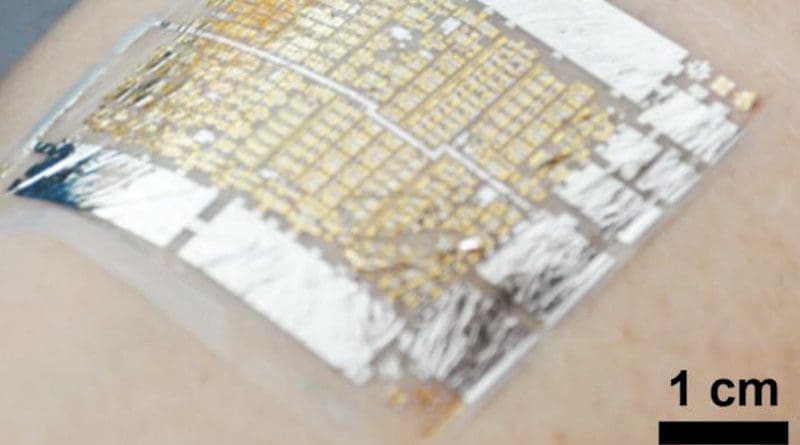 Photograph of the sheet-type piezoelectric system. Accurate biomonitoring is possible without being noticed; the ultrathin and soft sheet system realizes attachment of the device to the skin. CREDIT Osaka University