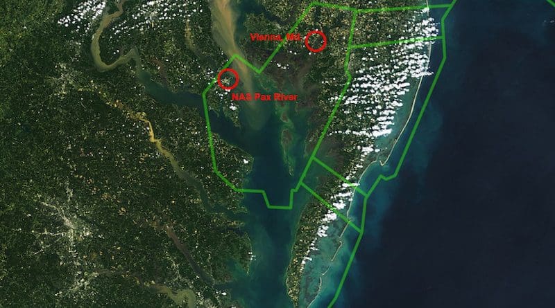 Conservation efforts in the Chesapeake Bay area focus, in part, on ensuring continued use of the Atlantic Test Ranges by the Navy at Naval Air Station Patuxent River, Md.. Rough outlines of those test ranges are highlighted in green. Credit: NASA