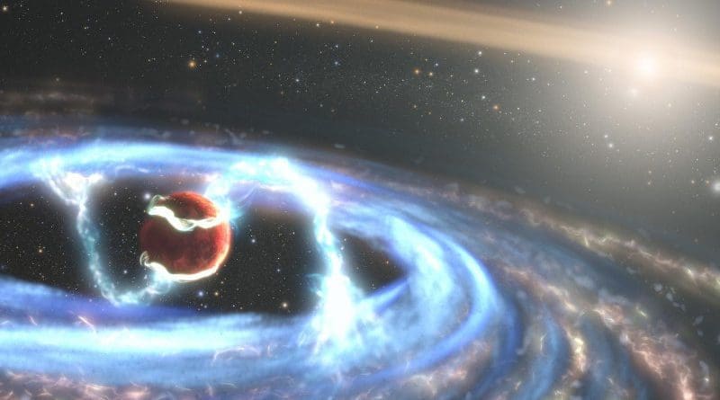 This illustration of the newly forming exoplanet PDS 70b shows how material may be falling onto the giant world as it builds up mass. By employing Hubble's ultraviolet light (UV) sensitivity, researchers got a unique look at radiation from extremely hot gas falling onto the planet, allowing them to directly measure the planet's mass growth rate for the first time. The planet PDS 70b is encircled by its own gas-and-dust disk that's siphoning material from the vastly larger circumstellar disk in this solar system. The researchers hypothesize that magnetic field lines extend from its circumplanetary disk down to the exoplanet's atmosphere and are funneling material onto the planet's surface. The illustration shows one possible magnetospheric accretion configuration, but the magnetic field's detailed geometry requires future work to probe. The remote world has already bulked up to five times the mass of Jupiter over a period of about five million years, but is anticipated to be in the tail end of its formation process. PDS 70b orbits the orange dwarf star PDS 70 approximately 370 light-years from Earth in the constellation Centaurus. CREDIT Credits: NASA, ESA, STScI, Joseph Olmsted (STScI)