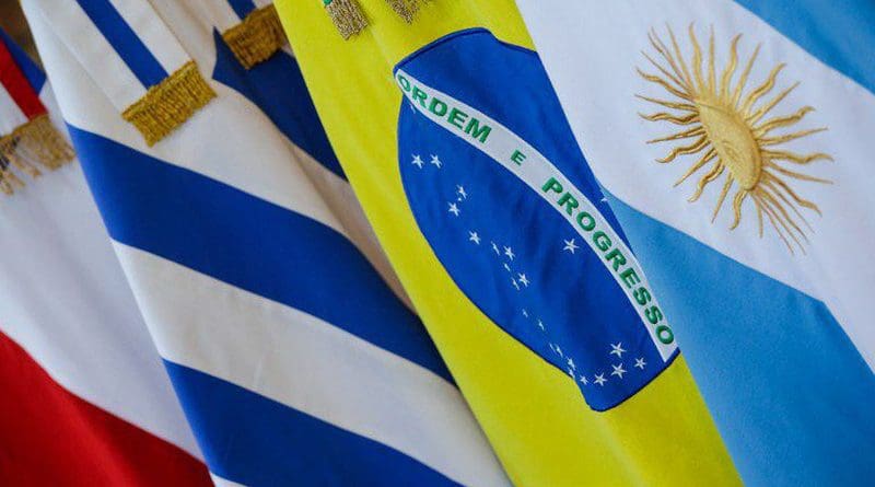 Flags of Mercosur members, Paraguay, Uruguay, Brazil, and Argentina. Photo Credit: ABr, Isac Nobrega/PR