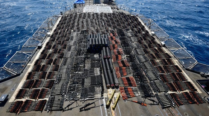 Thousands of illicit weapons interdicted by guided-missile cruiser USS Monterey (CG 61) from a stateless dhow in international waters of the North Arabian Sea, May 8, 2021. Photo Credit: US Navy