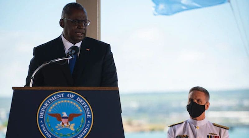 Secretary of Defense Lloyd J. Austin III delivers remarks during the change-of-command ceremony for Indo-Pacific Command at Joint Base Pearl Harbor-Hickam, Hawaii, April 30, 2021. Photo Credit: Navy Petty Officer 2nd Class Anthony Rivera