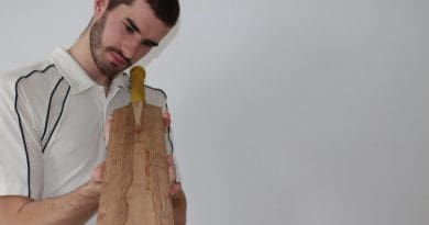 Co-author Ben Tinkler-Davies examines a prototype bamboo cricket bat CREDIT Ben Tinkler-Davies