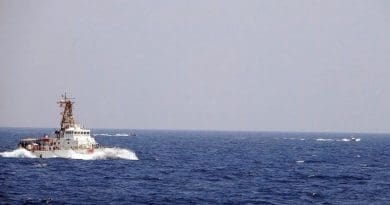 Two Iranian Islamic Revolutionary Guard Corps Navy fast in-shore attack craft, a type of speedboat armed with machine guns, conducted unsafe and unprofessional maneuvers while operating in close proximity to USCGC Maui as it transits the Strait of Hormuz with other U.S. naval vessels, May 10, 2021. Photo Credit: US Navy