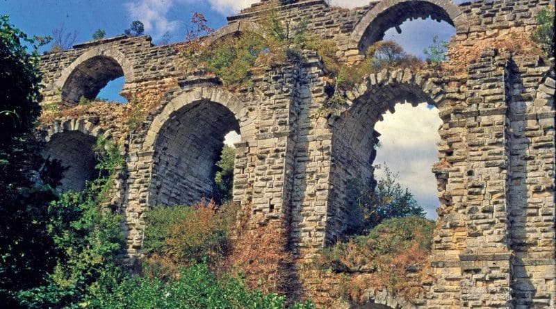 The two-story Kurşunlugerme Bridge, part of the aqueduct system of Constantinople: Two water channels passed over this bridge - one above the other. CREDIT: photo/©: Jim Crow