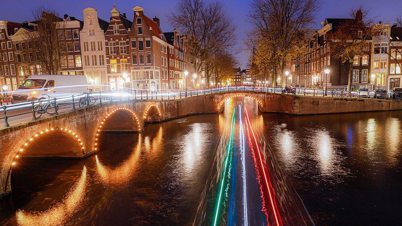 Dutch Netherlands Amsterdam Channels Canals Night Photograph