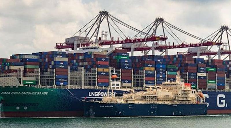 The world’s largest containership powered by LNG, the CMA CGM JACQUES SAADE, being fuelled by Total’s Gas Agility. Photo Credit: Total
