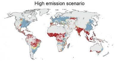 High emissions scenario: areas within and outside Safe Climatic Space for food production 2081-2100 (see comparison image for legend) CREDIT Matti Kummu/Aalto University