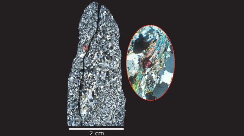 A thin, polished slice of a rock collected from the Jack Hills of Western Australia. Using a special microscope equipped with a polarizing lenses, the research team was able to examine the intricate internal structure of quartz that makes up the rock, including unique features that allowed them to identify ancient zircons (magenta mineral in the center of the red-outlined inset image in the right photo). CREDIT: Michael Ackerson, Smithsonian