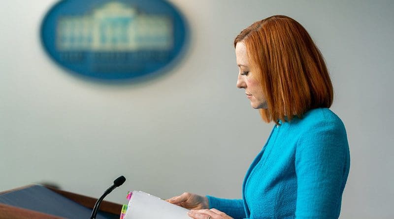 White House Press Secretary Jen Psaki pauses for a moment as she addresses reporters in the James S. Brady Press Briefing Room of the White House. (Official White House Photo by Cameron Smith)