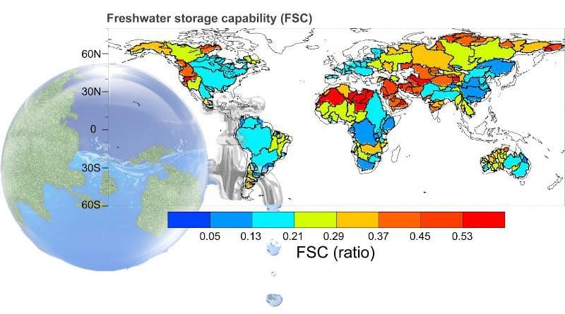 Global distribution of total land water-based freshwater storage capability. CREDIT Enda Zhu