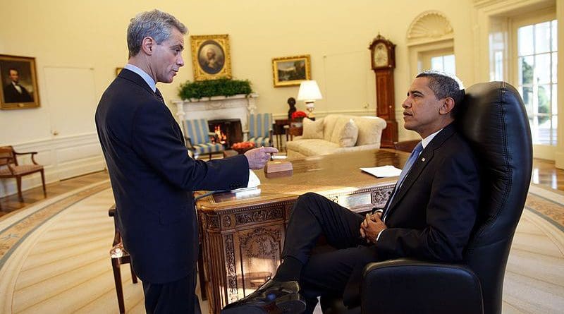 US President Barack Obama and Rahm Emanuel in the Oval Office. Photo Credit: White House, Wikipedia Commons
