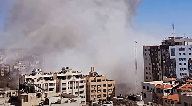 The Israeli Air Force bombed the press offices in Gaza, 15 May, 2021. Photo Credit: Osps7, Wikipedia Commons