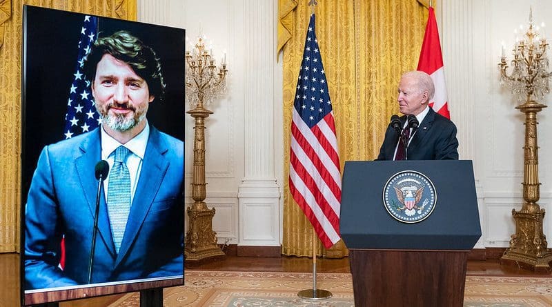 President Joe Biden delivers a virtual joint press statement with Canadian Prime Minister Justin Trudeau Tuesday, Feb. 23, 2021, in the East Room of the White House. (Official White House Photo by Adam Schultz)