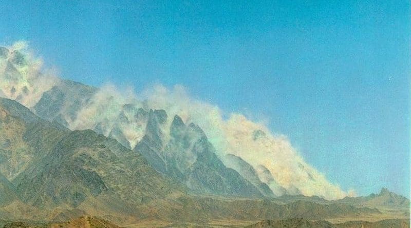 On May 28, 1998 at 15:15 hrs, the Pakistan government announced having conducted nuclear weapons testing in the Chaghi district of the Balochistan state in Pakistan. The image shows the graphite mountains raising up as the nuclear chain reaction builds up. Photo Credit: Government of Pakistan, Wikipedia Commons