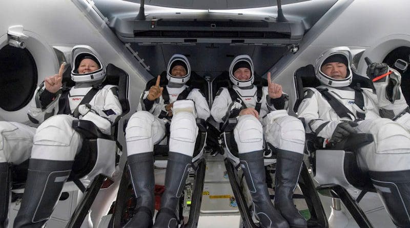NASA astronauts Shannon Walker, left, Victor Glover, Mike Hopkins, and Japan Aerospace Exploration Agency (JAXA) astronaut Soichi Noguchi, right are seen inside the SpaceX Crew Dragon Resilience spacecraft onboard the SpaceX GO Navigator recovery ship shortly after landing in the Gulf of Mexico off the coast of Panama City, Florida, at 2:56 a.m. EDT May 2, 2021. Credits: NASA/Bill Ingalls