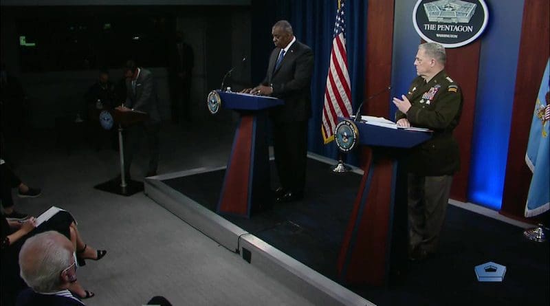 US Secretary of Defense Lloyd J. Austin III and Army Gen. Mark A. Milley, chairman of the Joint Chiefs of Staff hold joint press conference. Photo Credit: Screenshot DoD video