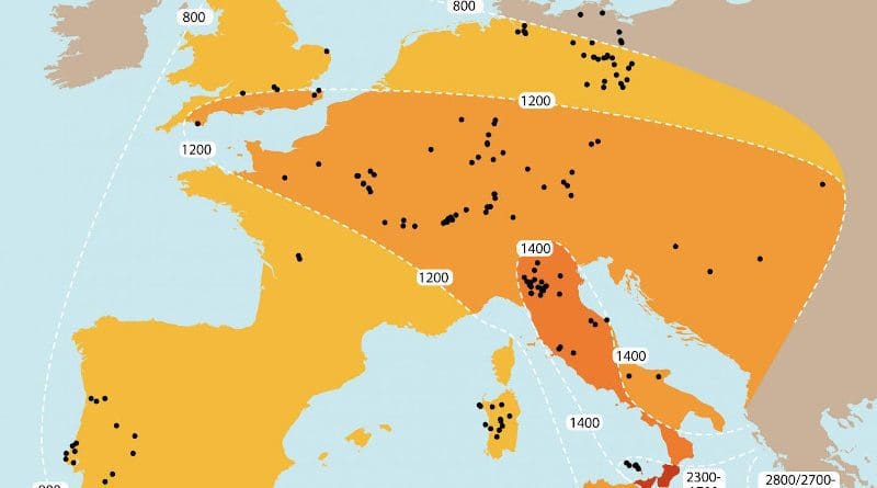Map showing the spread of weighing technology in Bronze Age Europe (c. 2300-800 BC) CREDIT N Ialongo