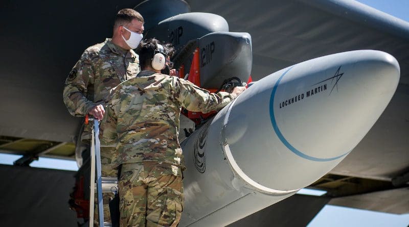 Airmen from the 912th Aircraft Maintenance Squadron secure the AGM-183A Air-launched Rapid Response Weapon Instrumented Measurement Vehicle 2 as it is loaded under the wing of a B-52H Stratofortress during a hypersonics test, Edwards Air Force Base, Calif., Aug. 6, 2020. Photo Credit: Giancarlo Casem, Air Force