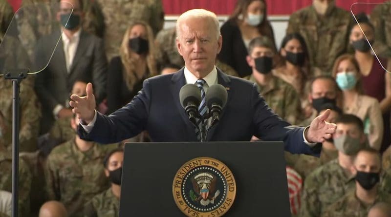 President Joe Biden delivers remarks to US Air Force Personnel and their families stationed at Royal Air Force Mildenhall. Photo Credit: White House video screenshot
