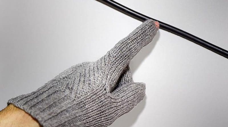 The fingertip of a wireless voltage detection glove illuminates when the wearer's hand approaches a live cable. Purdue University engineers have developed a method to transform existing cloth items into battery-free wearables resistant to laundry. CREDIT (Purdue University photo/Rebecca McElhoe)