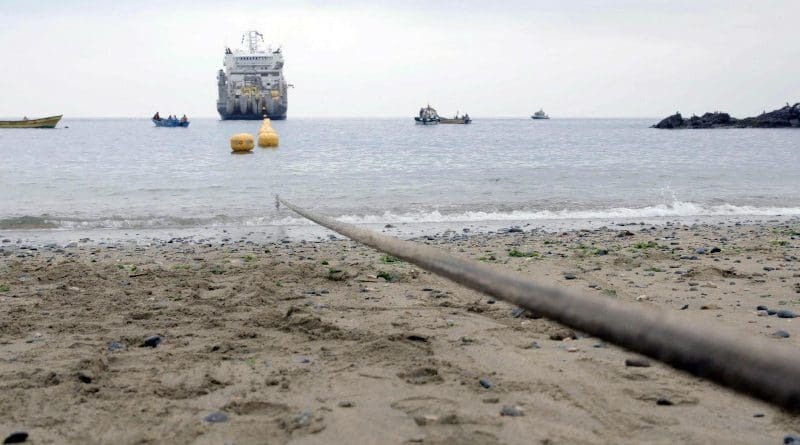Researchers used the Curie transoceanic subsea fiber optic cable for geophysical sensing. The Curie cable connects Los Angeles, Calif., with Valparaiso, Chile. CREDIT Google