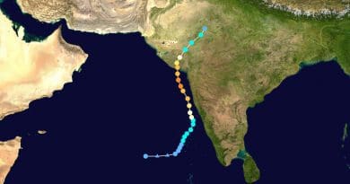 Map plotting the track and the intensity of Cyclone Tauktae, according to the Saffir–Simpson scale. Credit: Wikipedia Commons