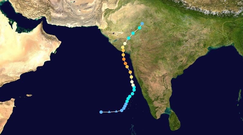 Map plotting the track and the intensity of Cyclone Tauktae, according to the Saffir–Simpson scale. Credit: Wikipedia Commons