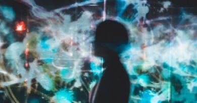 Human figure in front of digital screens. TeamLab Japan (Tokyo, Japan). Photo: Su San Lee (@blackodc) at Unsplash