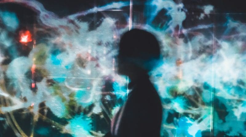 Human figure in front of digital screens. TeamLab Japan (Tokyo, Japan). Photo: Su San Lee (@blackodc) at Unsplash