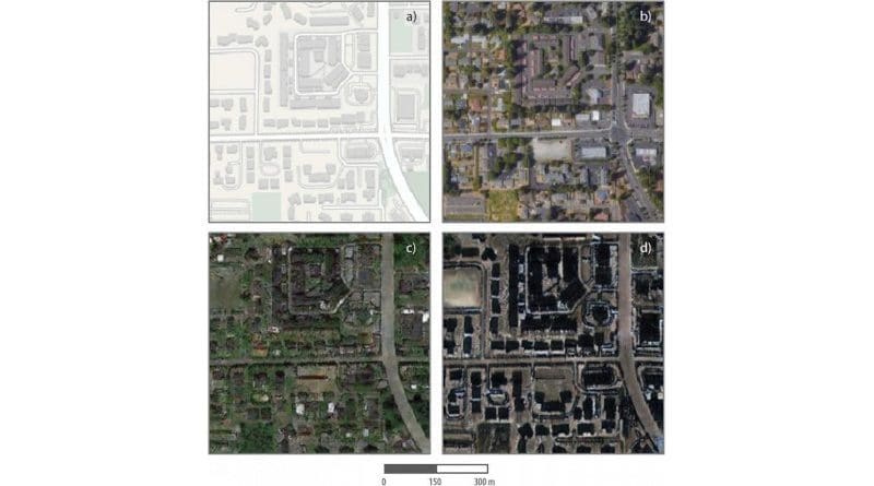 Researchers combined satellite images of Tacoma, Washington, with Seattle and Beijing to create a composite image, and then identified differences between the false and true images. CREDIT Chengbin Deng