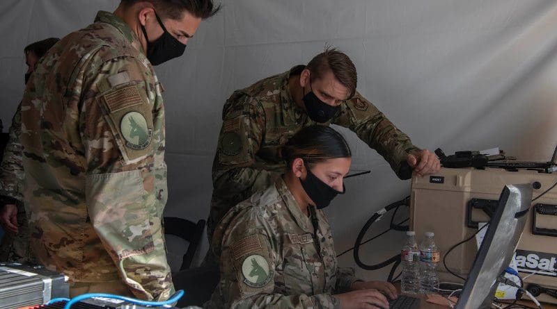 Air Force airmen monitor battlespace movements at a simulated austere base during the Advanced Battle Management System exercise at Nellis Air Force Base, Nev., Sept. 3, 2020. Photo Credit: Air Force Tech. Sgt. Cory D. Payne