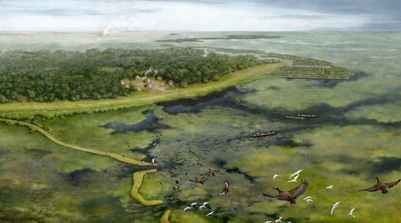 As part of this study, the researchers commissioned an illustration by artist Kathryn Killackey. The illustration is a representation of the pre-Columbian landscape around 3,500 years ago, based on their reconstruction, and details what they believe the region would have looked like at the time. CREDIT Kathryn Killackey
