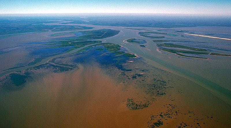 The delta of the Atchafalaya River on the Gulf of Mexico. View is upriver to the northwest. Photo Credit: Arthur Belala, U.S. Army Corps of Engineers