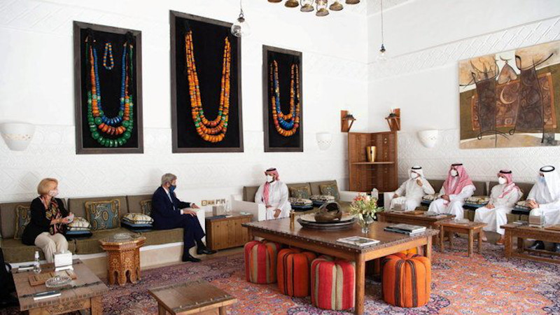 Saudi Crown Prince Mohammed bin Salman meets US Special Presidential Envoy for Climate John Kerry, in Riyadh, Saudi Arabia, June 16, 2021. (SPA)