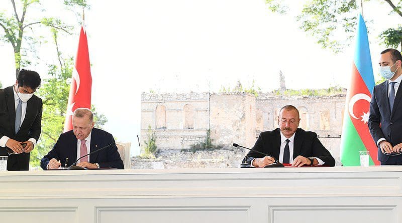 President of Azerbaijan Ilham Aliyev and Turkey's President Recep Tayyip Erdogan sign Shusha Declaration on allied relations. Photo Credit: President.az