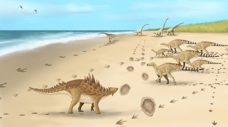 A palaeoartist's impression of the dinosaurs and their footprints. CREDIT Megan Jacobs, University of Portsmouth