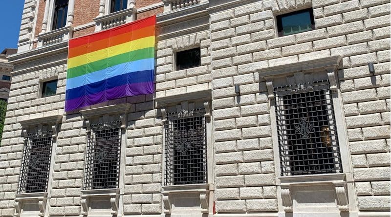 The U.S. Embassy to the Holy See celebrates Pride Month with the Pride flag on display during the month of June. Photo Credit: U.S. Embassy to the Holy See/Twitter