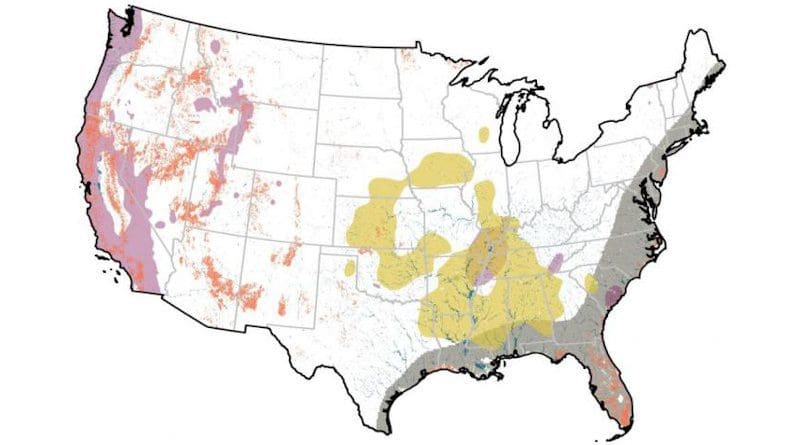 A new study finds more than half of the US built environment is at risk of impact from natural hazards, largely due to development in hotspots of high exposure to earthquake (magenta), flood (cyan), hurricane (grey) tornado (yellow) and wildfire (orange). The probability or magnitude of natural events is assumed to be constant over the entire study period (1945-2015). CREDIT Inglesias et al. (2021) Earth's Future https://doi.org/10.1029/2020EF001795